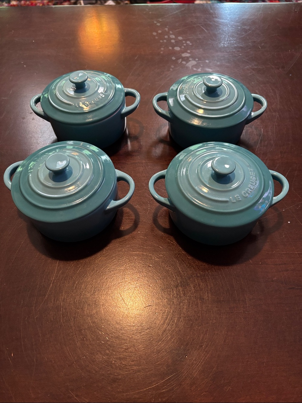Le Creuset Set of 4 Teal Mini Round Covered Cocotte Casserole Crocks NWOT